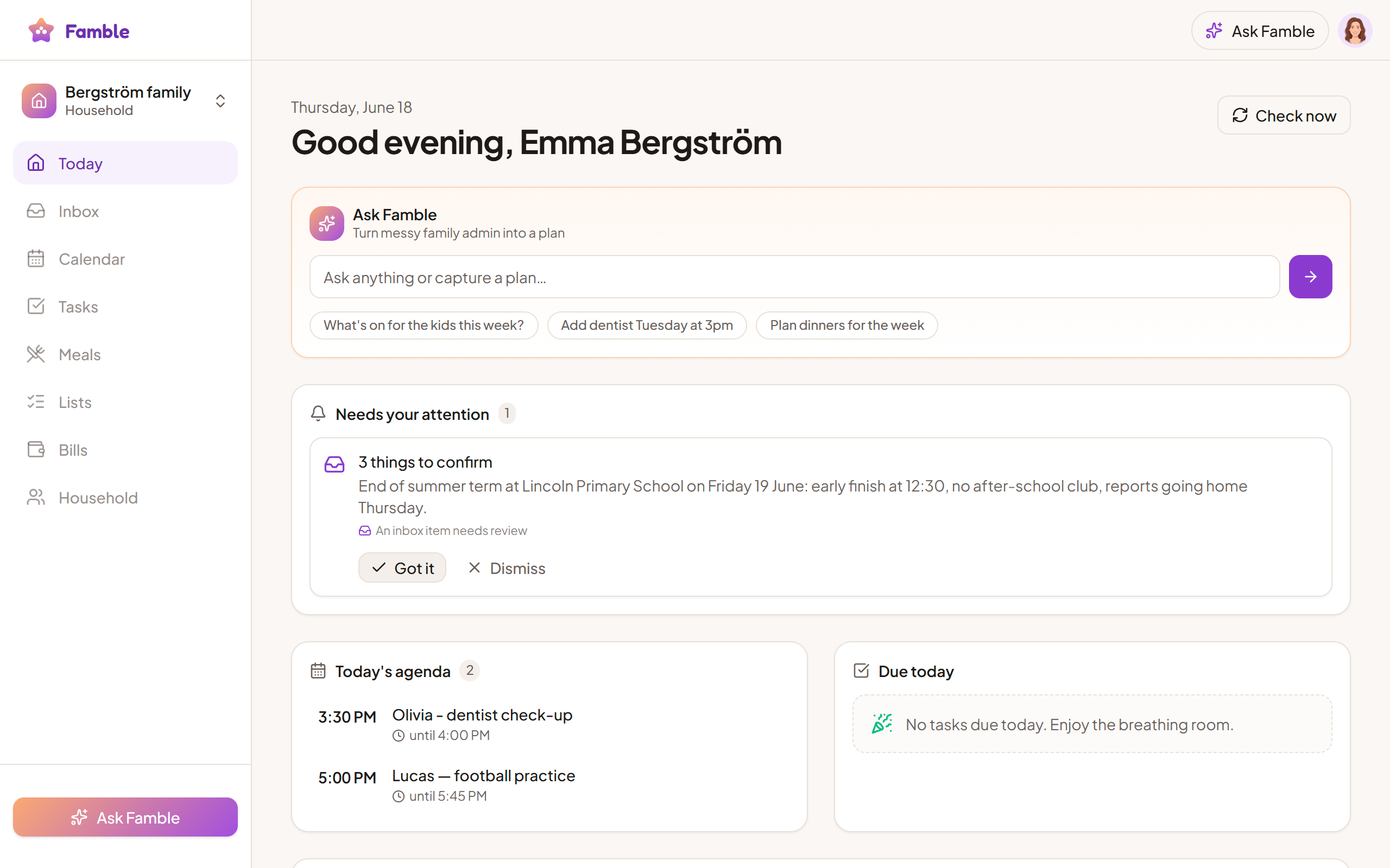 The Famble dashboard showing today's family schedule and tasks
