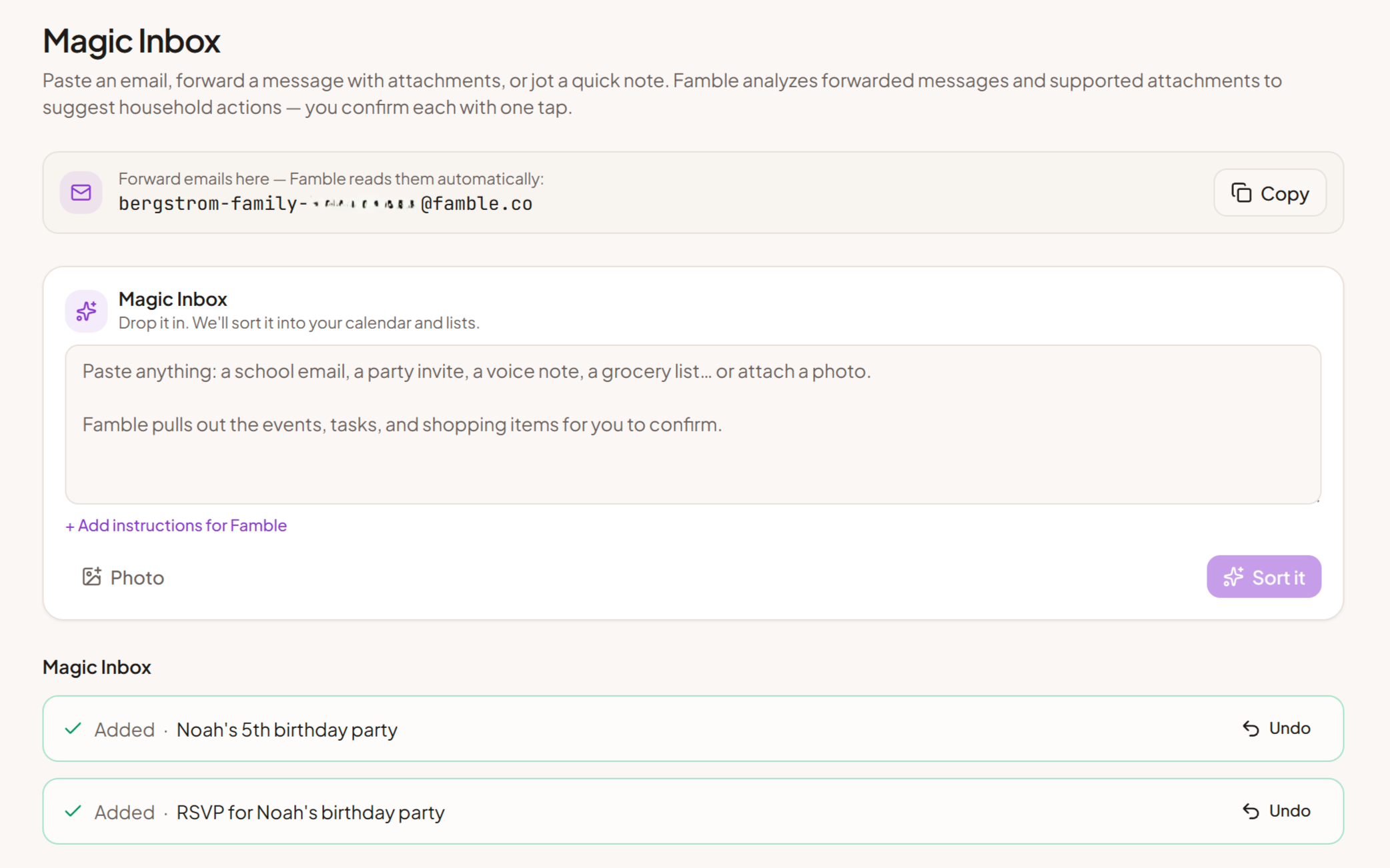 Famble's Magic Inbox turning forwarded emails, photos and notes into suggestions