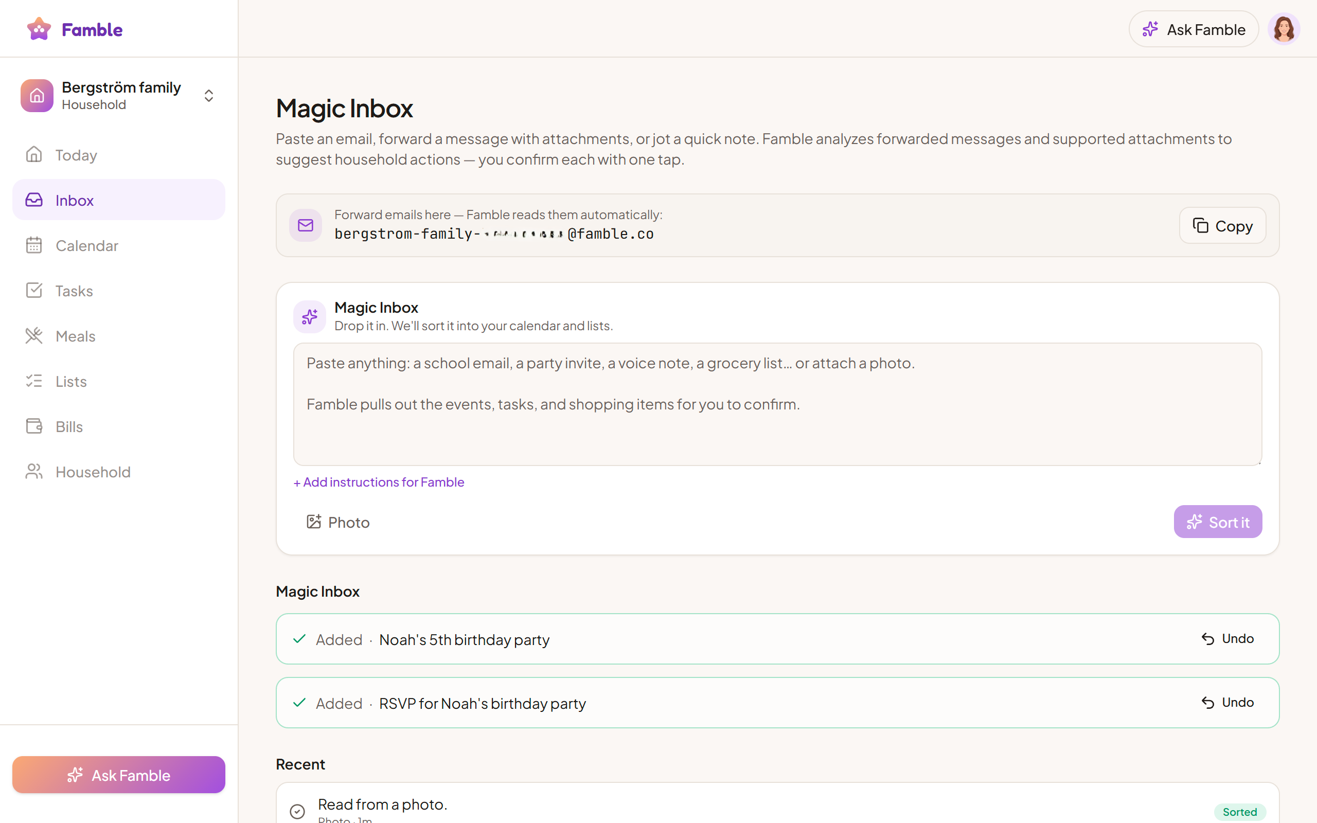 Famble's Magic Inbox turning forwarded emails, photos and notes into suggestions