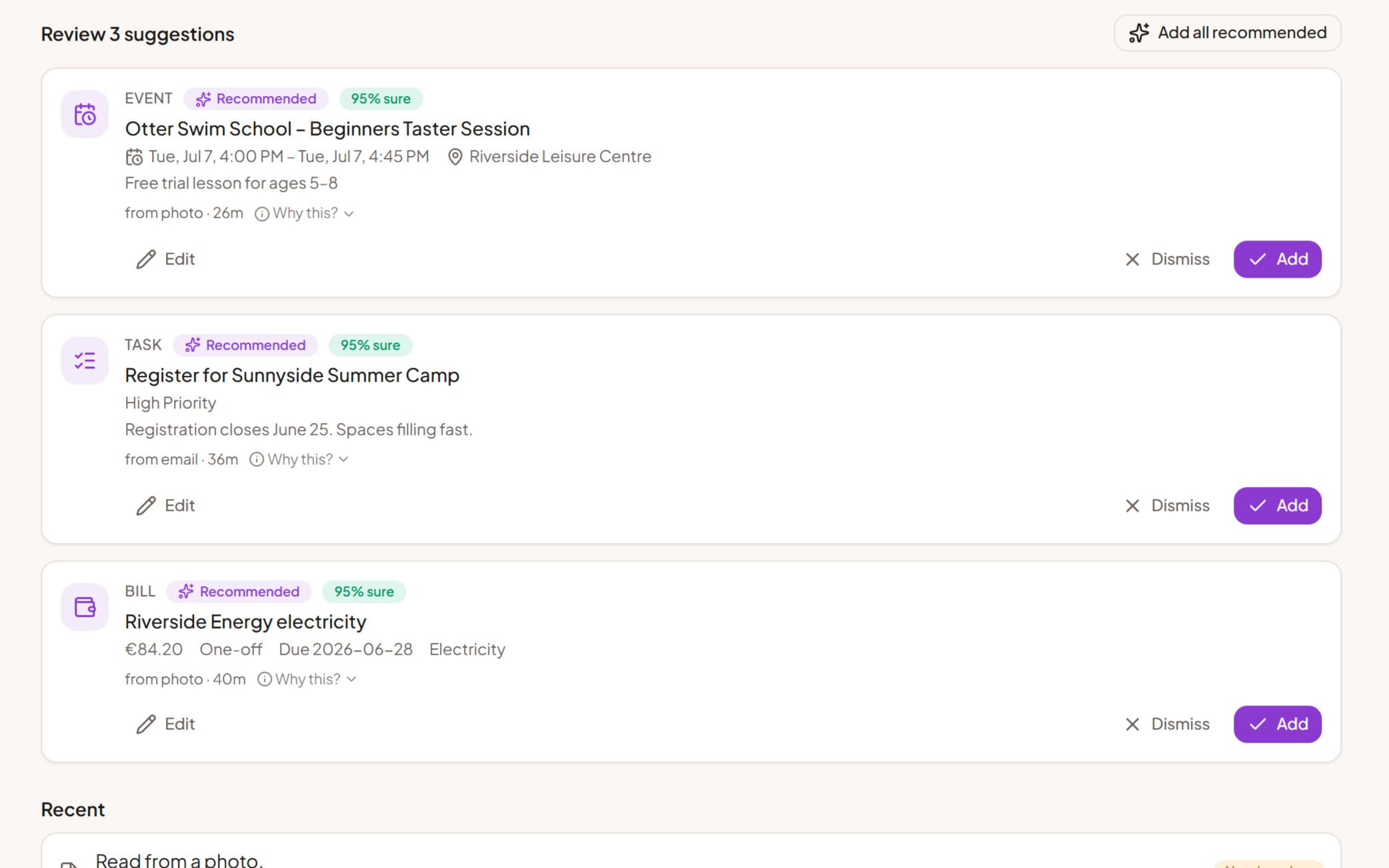 Famble's review queue with proposed calendar events and tasks to approve or dismiss