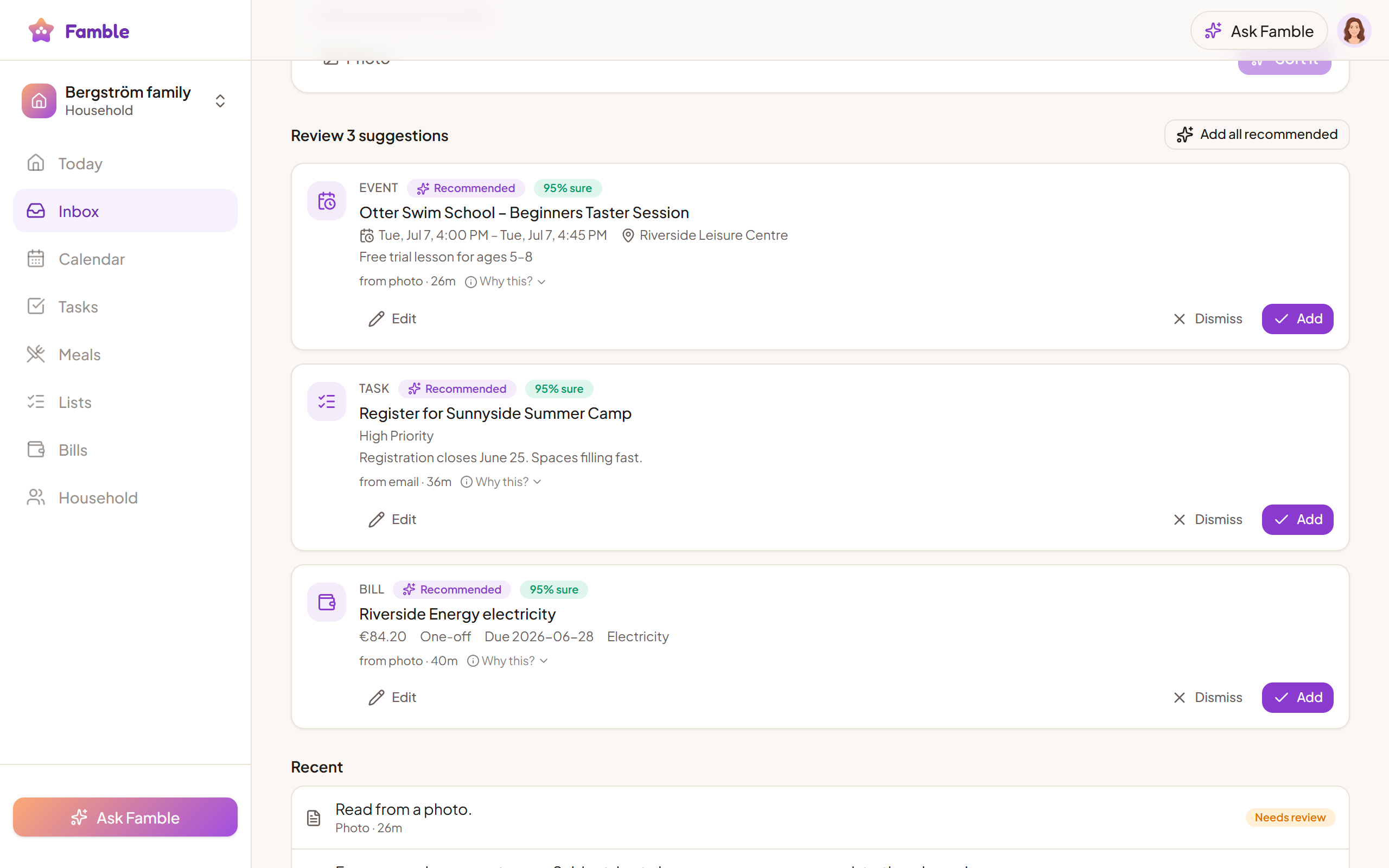 Famble's review queue with proposed calendar events and tasks to approve or dismiss