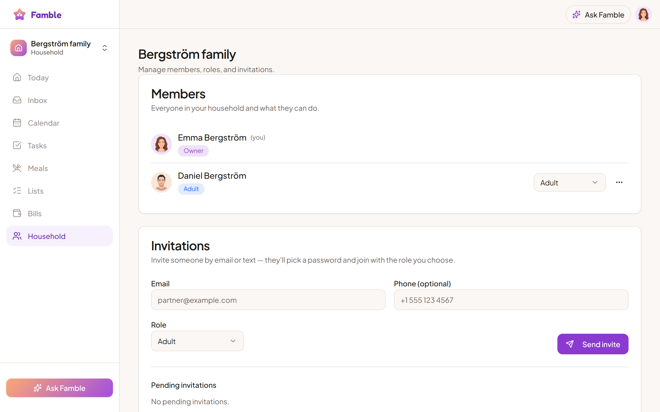 A Famble household shared between two parents with tasks assigned across them